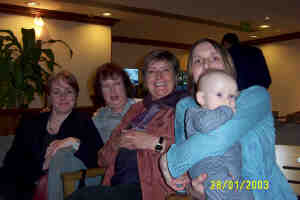 The 4 half sisters  (175 KB)
28 Jan 2003 
From left :
Vivienne, Christine, Marion, Romilly and her son Rufus
(Click on Picture to View Full Size)